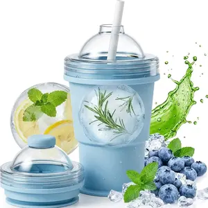 Portable Foldable Ice Ball Maker Cup with Attached Straw, 11oz Food-Grade Silicone Collapsible Drinkware, Lightweight Heat Resistant Reusable Cup for Travel, Hiking, Camping & Office