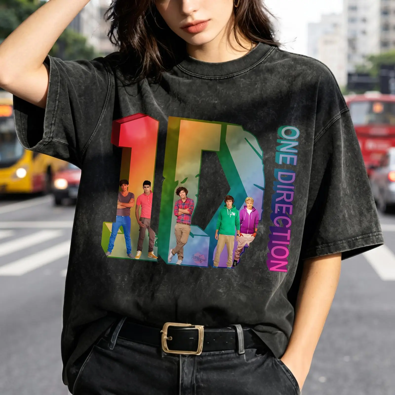 One Direction Band Women's Vintage Washed T-Shirt One Direction Band Photo Print Oversized Graphic Tee Outdoor Casual Short Sleeve