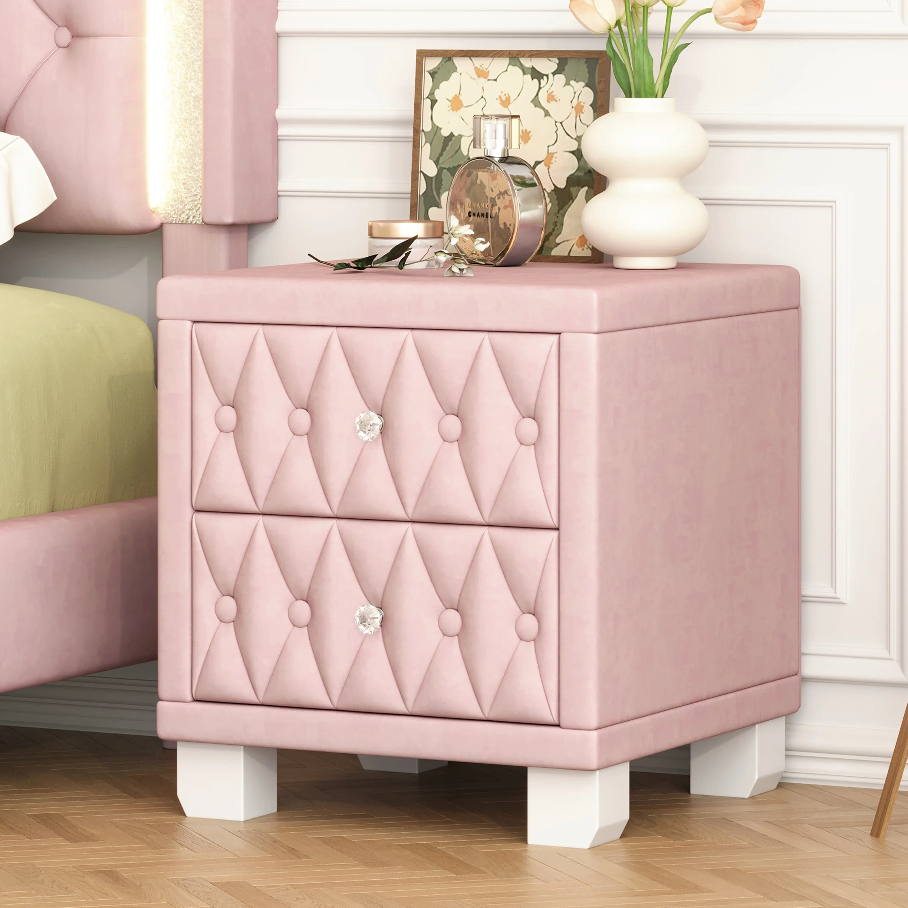 Elegant Velvet Modern Nightstand - 2-Drawer Glamorous Bedroom Dresser Table with Crystal Handles, Button-Tufting, Stylish Bedside Table for Indoor Storage