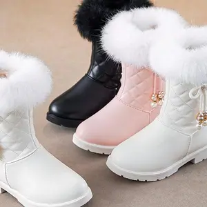 Toddler Girls' Mid-Calf Winter Footwear, Easy-On Zipper Closure, Pastel Pink/White/Black, Synthetic Upper, Non-Slip TPR Sole, Warm Cold-Weather Shoes, Ideal for School, Parties
