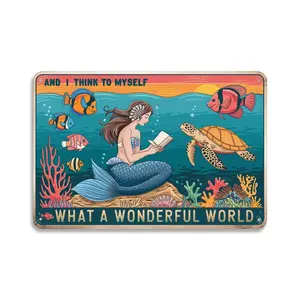 Mermaid Reading Book Ocean Vintage Metal Sign Print Aesthetic Room Decoration for Home Bedroom Kitchen Bar Garage Cafe Dorm Bathroom Wall Decor 8 X 12， Easy to Hang
