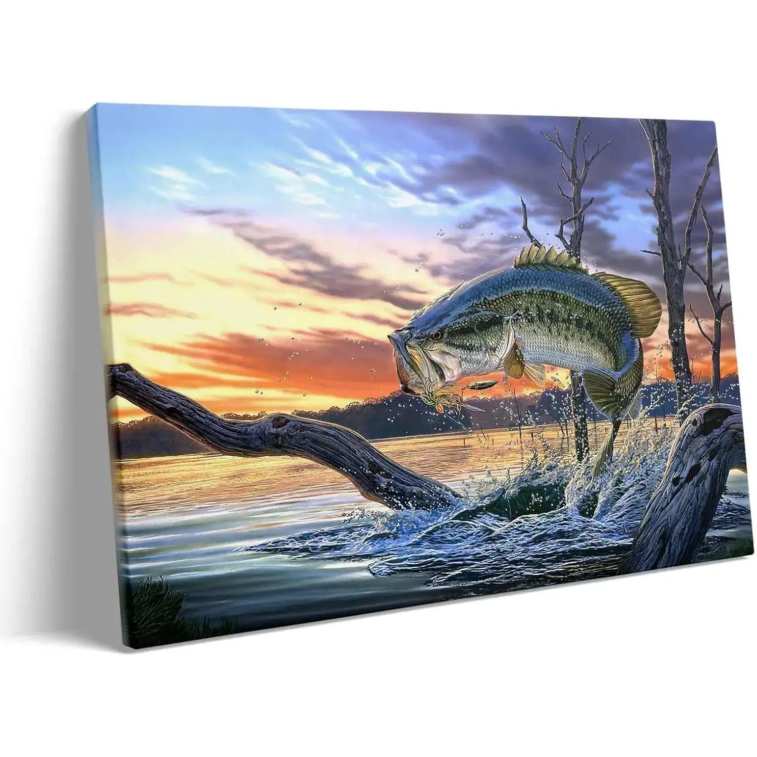 Prixas Artistic Large Mouth Bass Fish Print Canvas Wall Art, Gallery-Wrapped Blue Decoration, All-Seasons Nature-Inspired Hanging Painting for Living Room, Bedroom