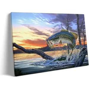 Prixas Artistic Large Mouth Bass Fish Print Canvas Wall Decoration, Hanging Nature-Inspired Painting for Living Room, Bedroom, Gallery-Wrapped Blue Home Decor