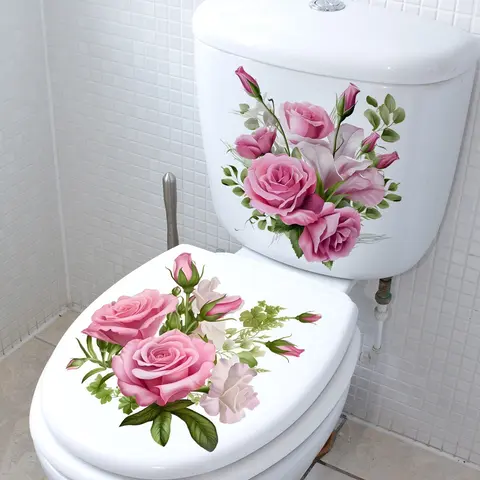 Rose Bathroom Toilet Lid Cover Self-Adhesive Waterproof Sticker, Bathroom Decoration Supplies, Restroom Accessories, 2 Pieces, Easy to Install, Durable and Reusable