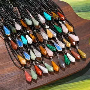 10Pcs Natural Stone Hexagonal Cone Pendant and Black Rope Necklaces Set-5pcs Pendant with 5pcs Necklace for Holiday Gifts, Casual Wear DIY Jewelry Making
