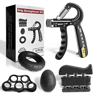 Hand Grip Strengthener Workout Kit (5 Pack), 2 Forearm Grip Adjustable Resistance Hand Gripper, Finger Stretcher, Grip Ring & Stress Relief Grip Ball for Athletes