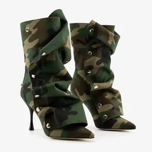 LUNETTA  Slouchy Stiletto High Heel Booties for Women Pointed Toe Fold Over Ankle Boots with Detachable Button Pleats for Party Walking Shoes