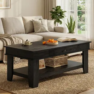 Farmhouse Wood Coffee Table, 2‑Tier Storage, Easy‑Clean Walnut Finish