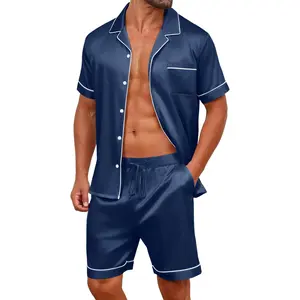 Mens Satin Silk Pajamas Sets Short Sleeve Button-Down Sleepwear Two Piece Loungewear with Pockets Beige Plain Summer Homewear