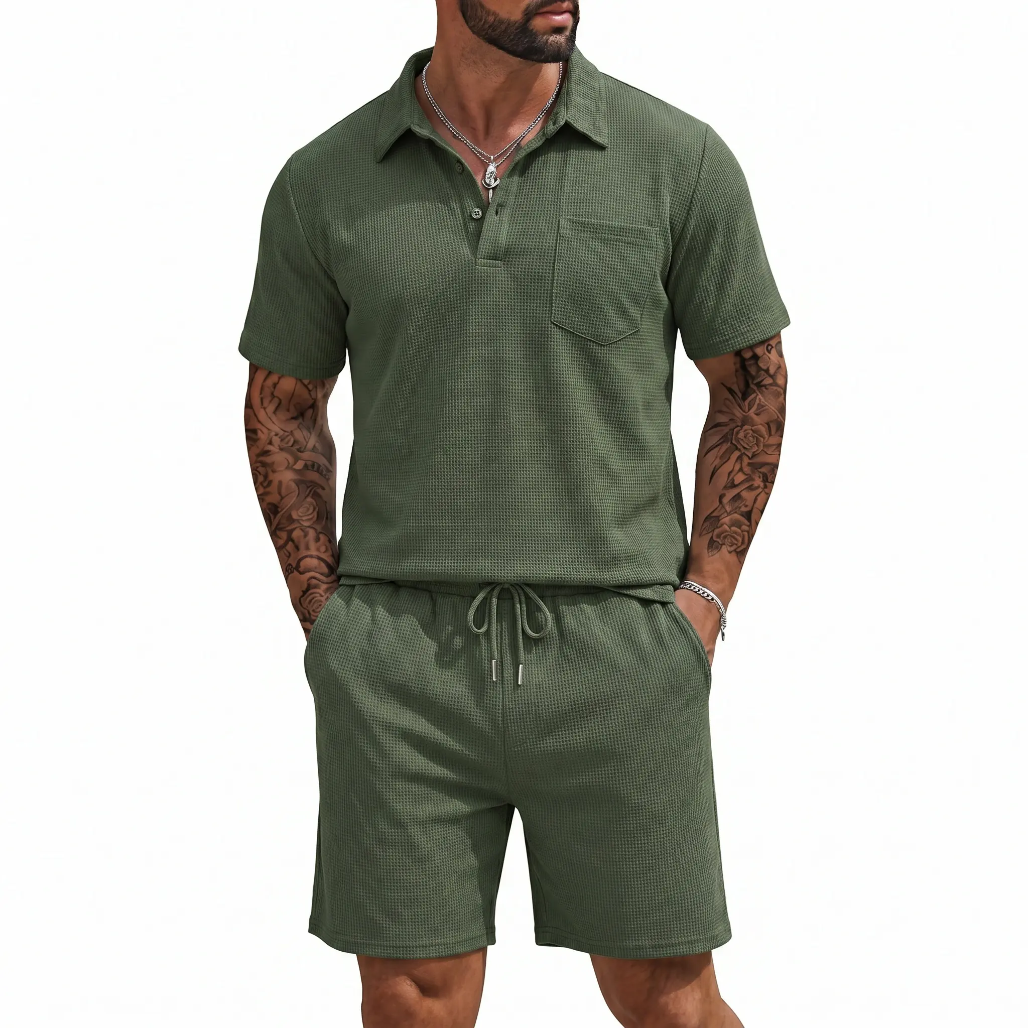 COOFANDY Men's Waffle Knit Polo Shirt and Shorts Set 2 Pieces Outfits Summer Suit Casual Tracksuit with Pockets