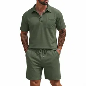 COOFANDY Men's Waffle Knit Polo Shirt and Shorts Set 2 Pieces Outfits Summer Suit Casual Tracksuit with Pockets