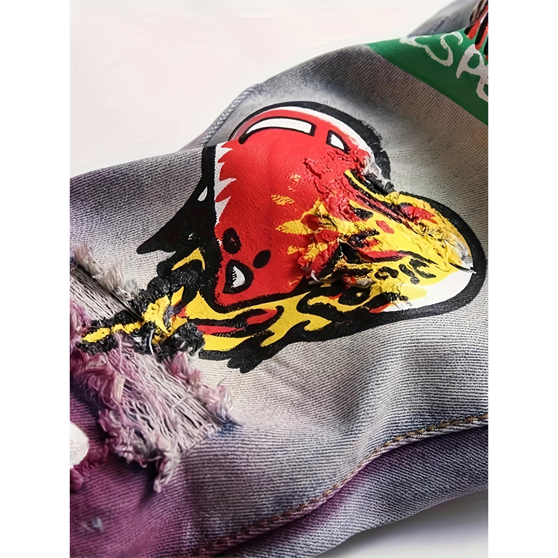 Men’s Y2K straight-leg jeans with rips and prints, European & American fashion trend