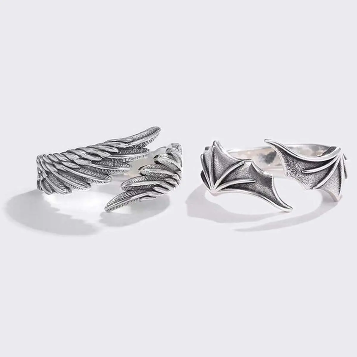 Angel and Devil Wings Couple Stackable Ring Set - Matching Couple Things, Angel Motif Jewelry, Wings Accent Artificial Gemstone Accessory for Birthday Gifting, Angel Motif Rings