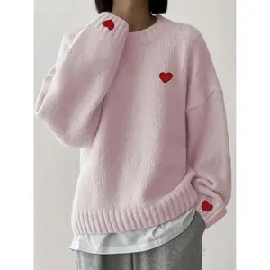 Women's Winter New Fashion Sweater, Embroidered Heart Knitwear, Elegant Casual Woolen Pullover, Loose Long Sleeve Top, Embroidery