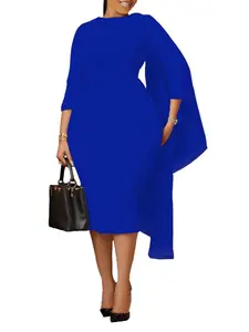 Plus Size Women's Fashion Elegant Chic Blue Solid Color Bodycon Dress, Tie Detail Patchwork Tight Fit A-Line Dress, All-Season Wear, Womenswear