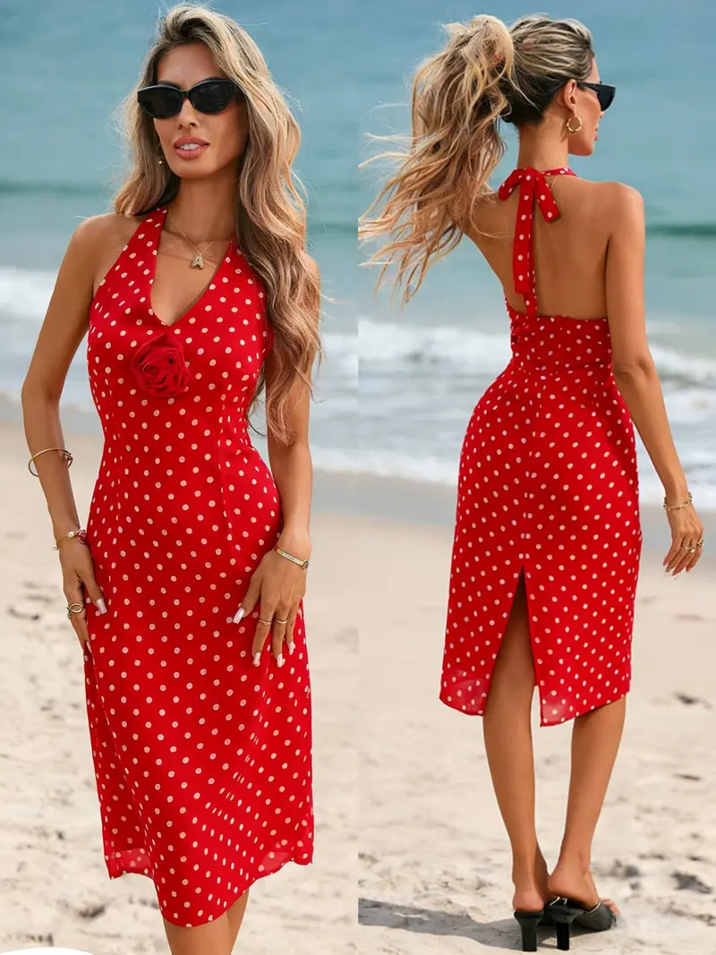 open lace back dress Polka Dots Halter Audrey Hepburn Style 1950s Vintage Dress with Bow Backless Red / S