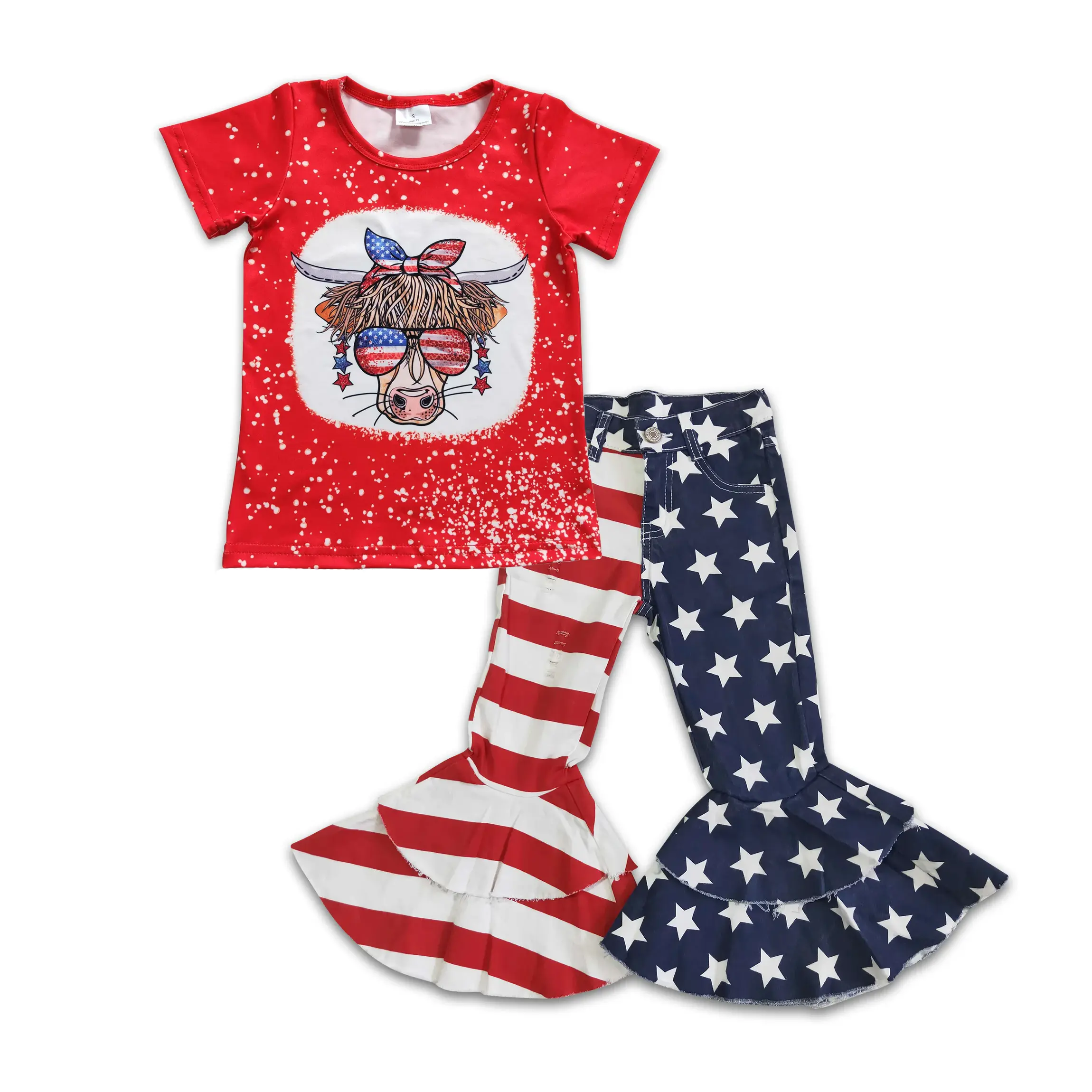 Girls' July 4th Americana Highland Cow Bellbottom T-Shirt Set, Kids' Clothes Casual Fashion Cute Fashion Clothing Set, Clothes Kids, Casual Fashion Set