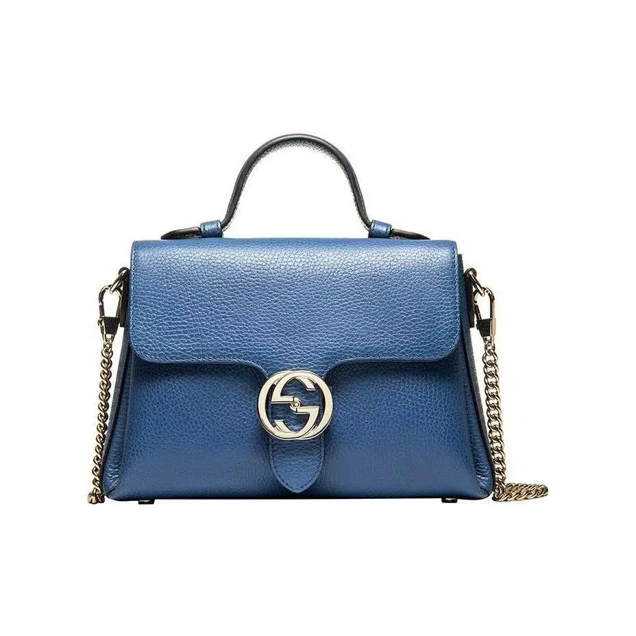 Pre-owned GUCCI leather Shoulder Bags Blue Pebbled Interlocking GG Top Handle Messenger Crossbody Bag With Silver Tone Double G Hardware