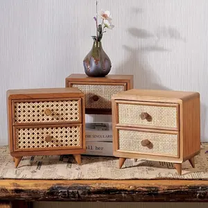 Classic Wooden Mini Storage Unit Featuring Two Drawers And a Rattan Design, Perfect for Organizing Stationery, Jewelry, Makeup, And Small Items on Your Desk, Bedside, Or in The Bathroom. an Ideal Accent for Farmhouse And Cottagecore Home Decor