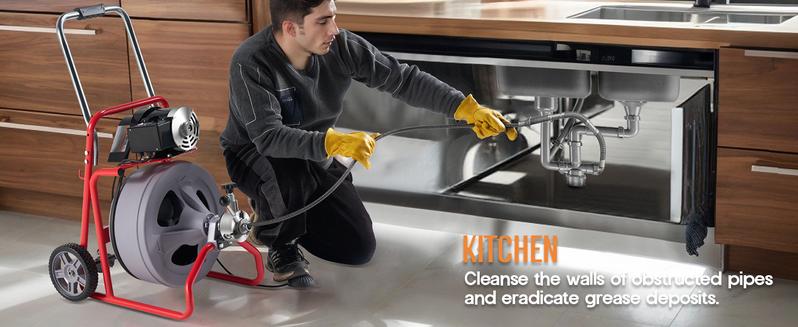 VanAcc Drain Cleaner Machine Auto Feed Sewer Snake Drain Auger with 8 Cutter for 2" to 4" Pipes, Clog Hair Remover Tool for Bathroom Kitchen