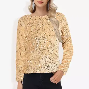 Anna-Kaci Women's Long Sleeve Sequin Velvet Top Round Neck Sparkle Blouse- Small, Gold