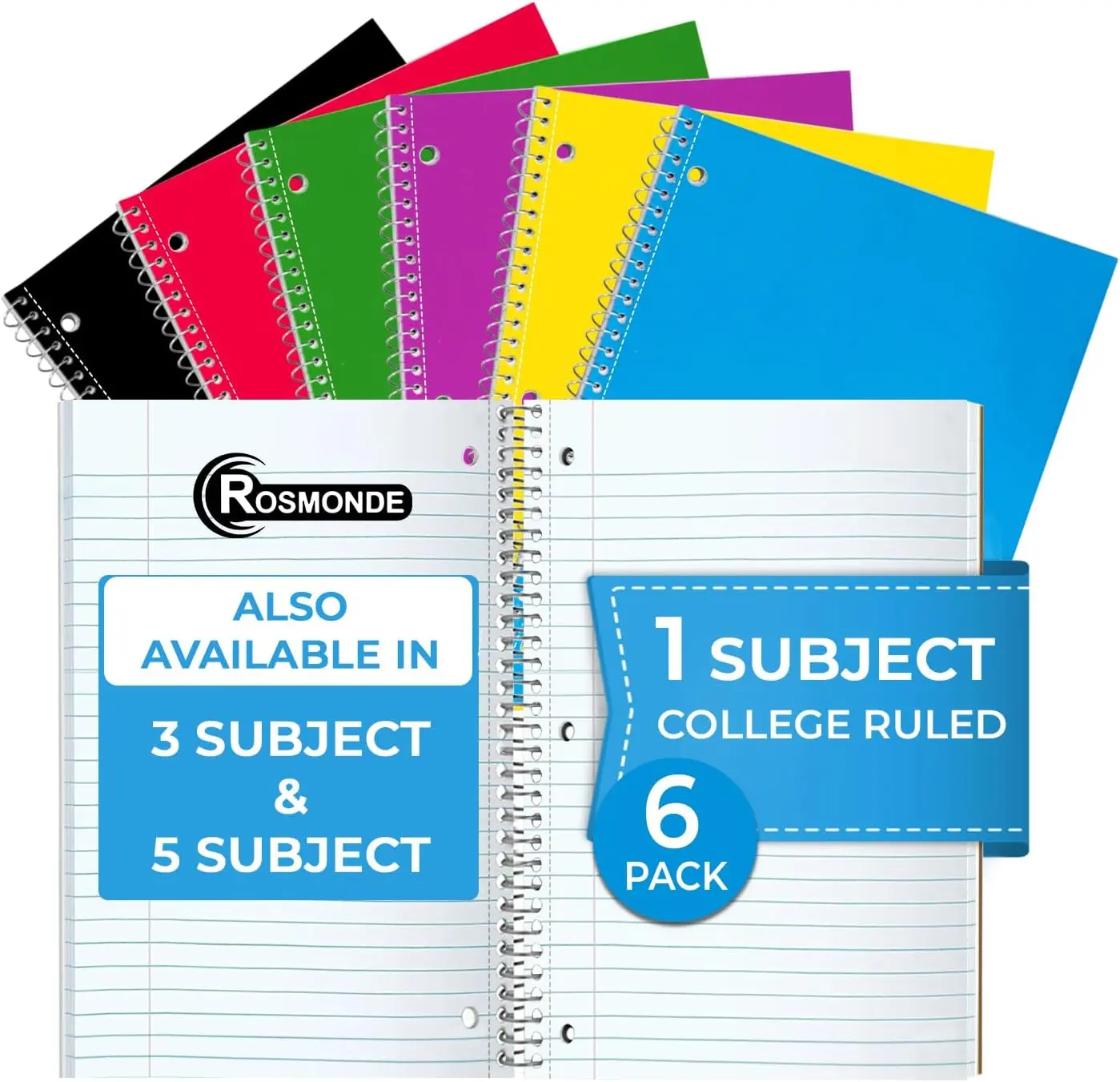 6 Pack 1 Subject Notebook College Ruled, 70 Sheets (140 Pages) | Thick No-Bleed Paper, 8 x 10-1/2", 3 Hole Punched Notebooks, Sturdy Back, College Ruled Notebook for School, Assorted Colors