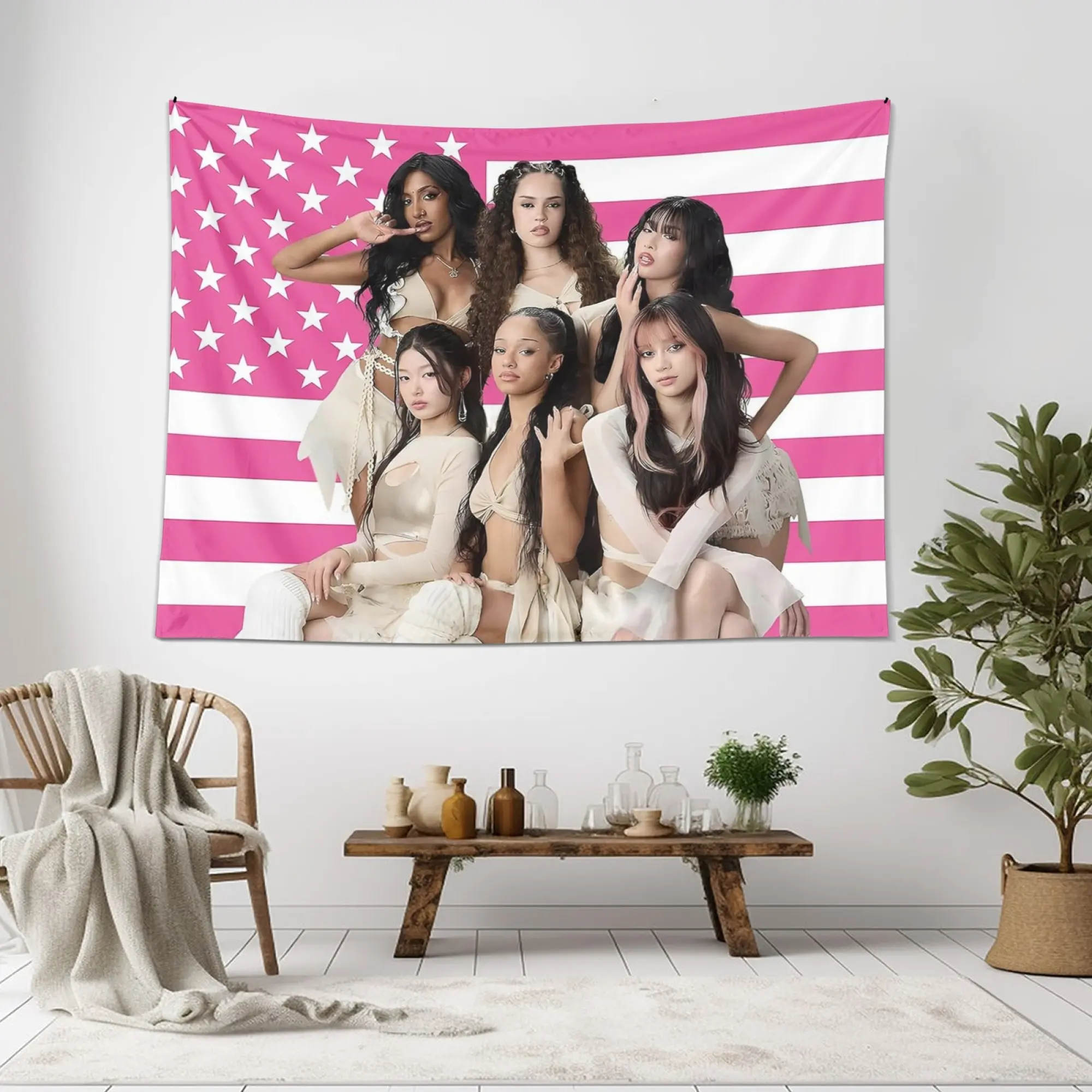 Kpop Katseye Stars and Stripes Pink Synthetic Tapestry Wall Mural, 3x5 FT Lightweight Durable Decorative Tapestry, Polyester Indoor Wall Hanging with Brass Grommets, Single-Side Print, Easy-Clean Decoration for Bedroom