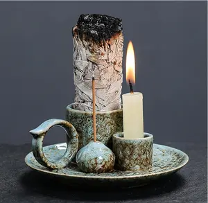 4 in 1 Ceramic Incense Burner Holder with Handle for Burning Sage, Palo Santo Stick, Joss Sticks, Candle in Your New House, Office, Yoga, Meditation Room