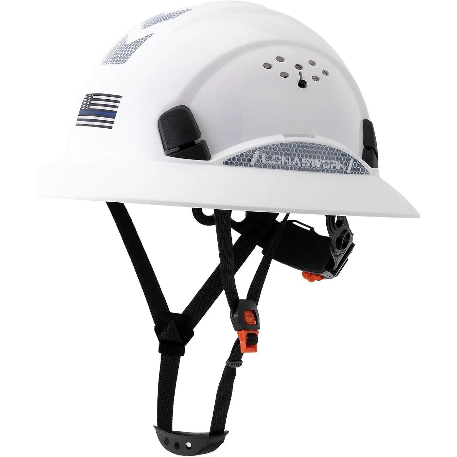 Full Brim Vented Safety Hard Hat for Adults - Lightweight ABS with 6-Point Ratchet & Reflective Stickers for Mowing & Gardening, Reflective Strips, Yard Work