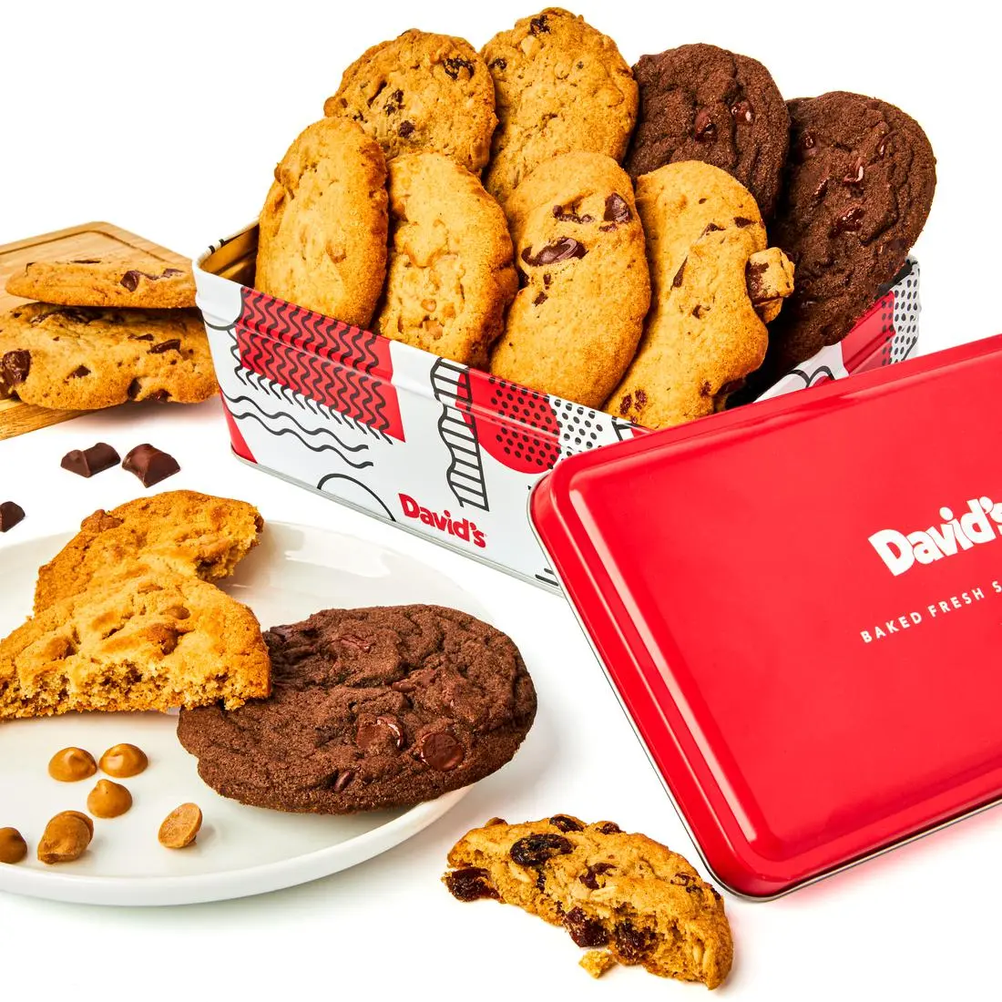 DAVID'S COOKIES Fresh Baked Assorted Cookies Tin - Homemade Sweet Snack Sampler with Chocolate, Peanut, Chip