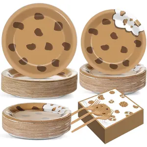 Naozinebi 200pcs Milk and Cookies Paper Plates and Napkins Chocolate Chip Cookie Party Decorations Disposable Cookies Theme Tableware Set for Boys Girls Birthday Party Baby Shower Supplies Serve 50