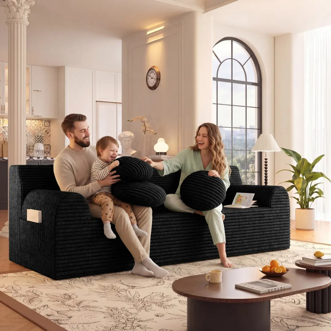 71" Corduroy Boneless Couch with 3 Pillows, Upholstered Deep Seat Sofa with Side Pockets, 3-Seater Modern Compressed Living Room Couch for Bedroom Office Apartment, No Assembly (Black)