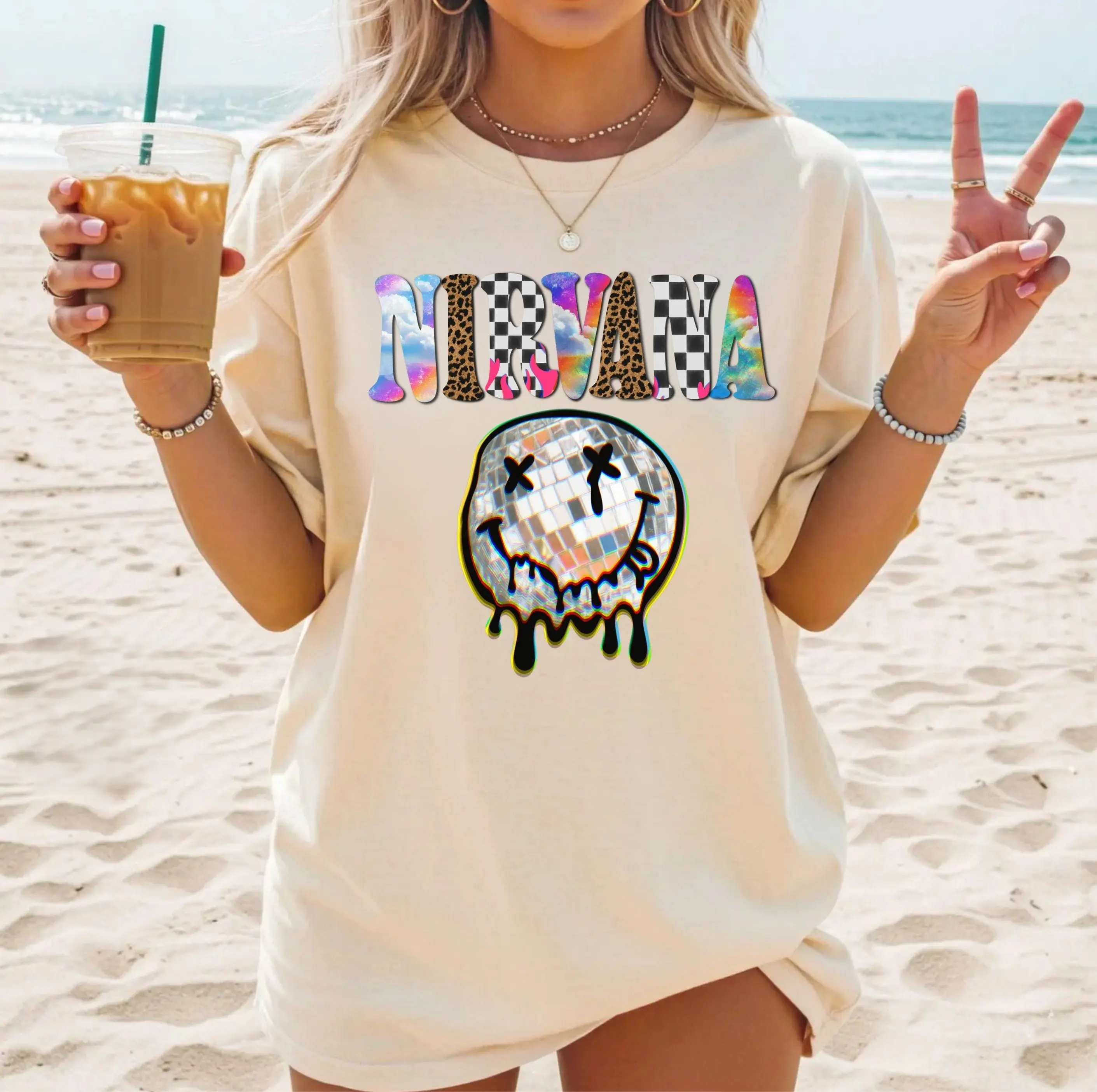 [Sale off up to 50%] Nirvana Smiley Shirt, Retro 90s Grunge Graphic Tee, Colorful Checkered Music Tank Top, Vintage Rock Style Shirt, Graphic Streetwear T-shirt