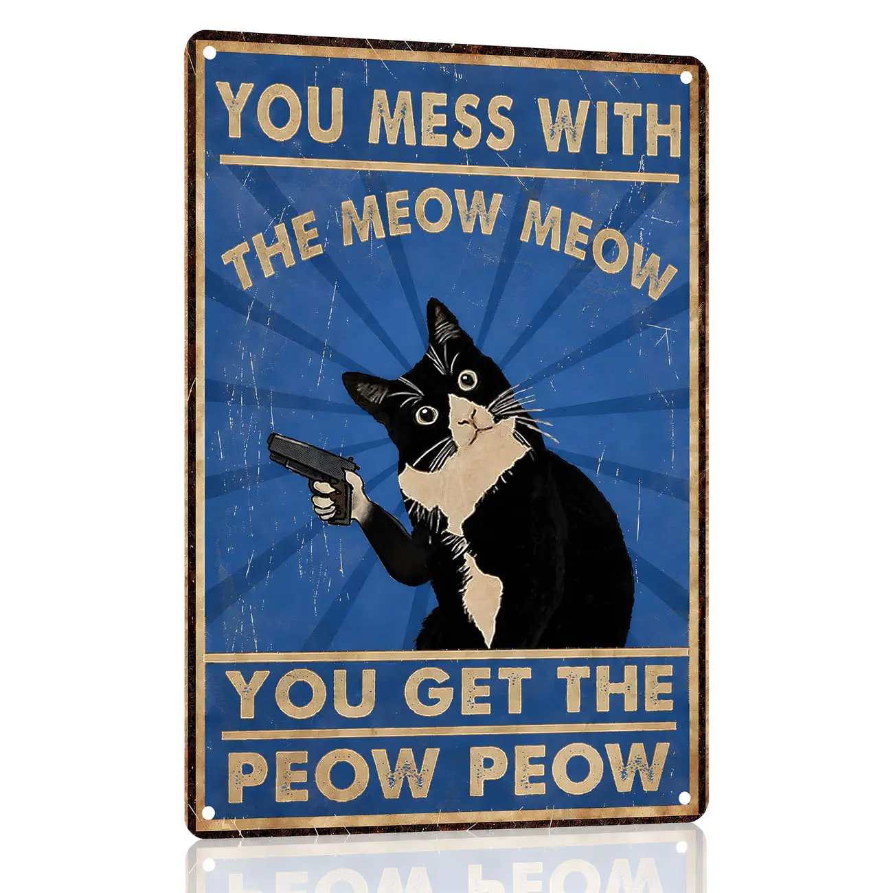 Vintage Aluminum Decorative Wall Sign - 8×12 in Home Decor Plaque with Playful Quote "You Mess With the Meow Meow, You Get the Peow Peow" for Cat Lovers, Game Rooms