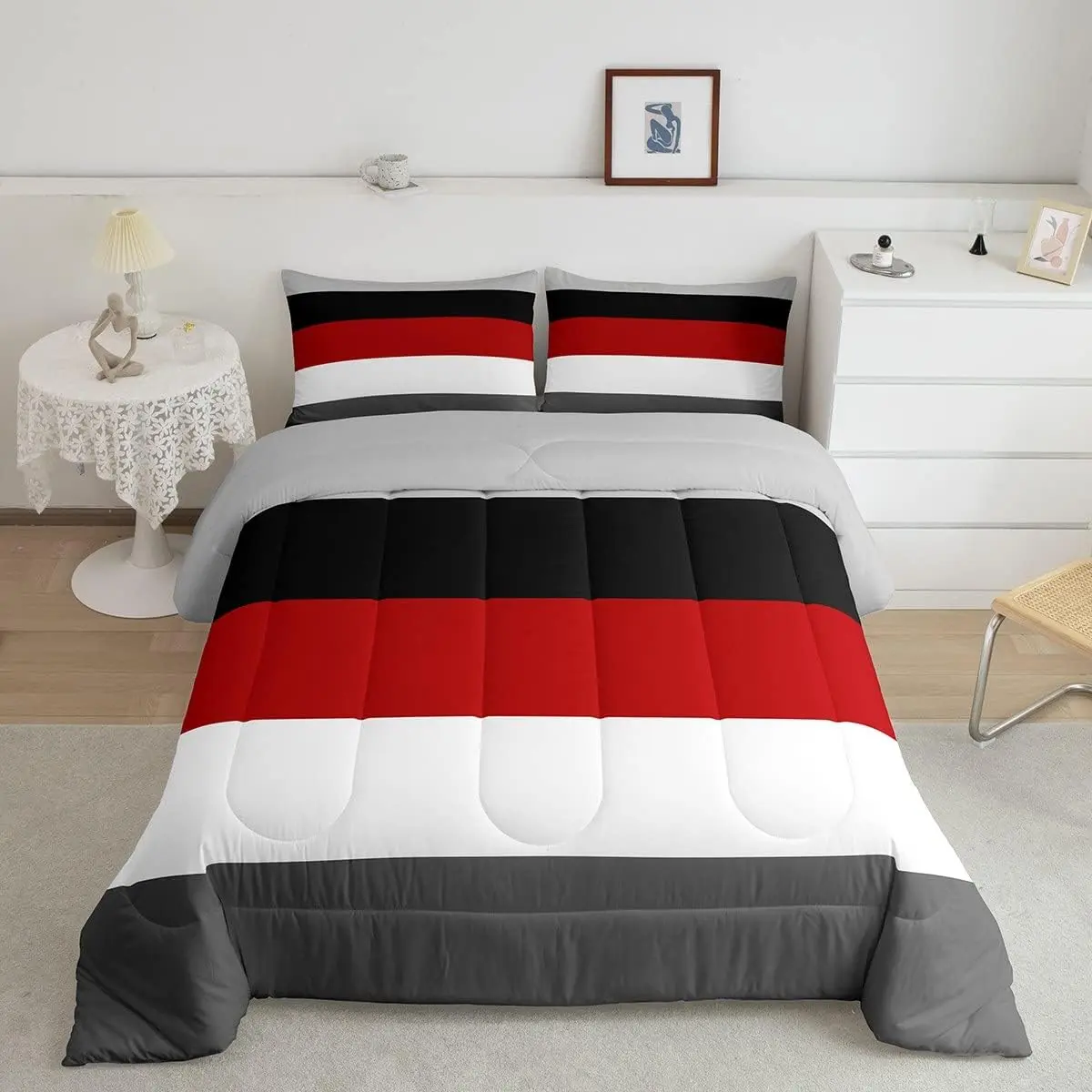 Feelyou Geometric Patchwork Bedding Set - Comfy, Breathable Microfiber Duvet Insert with Red-Black Stripes, White-Grey Lines, Farmhouse Lightweight Design, Comfy Bedding Set, Breathable Duvet Set