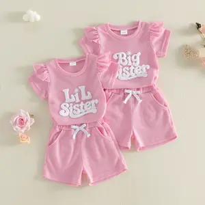 Babamoon Kids Toddler Baby Girls Little/Big Sister Matching Outfits Set Letter Embroidery Short Sleeves T-Shirt Tops Shorts Clothes Set 0-3 Years