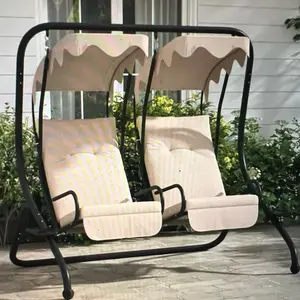 2-Seater Outdoor Porch Swing with Canopy, Patio Swing Chair for Garden, Poolside, Backyard, Beige