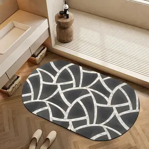 Modern Black White Geometric Weave Absorbent Diatomaceous Earth Oval Bath Mat Non Slip Rubber Backed Fast Dry Shower Mat Thin Bathroom Rugs Floor Mat