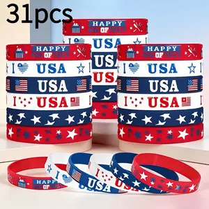 31pcs American Flag Bracelets for 4th of July, Elastic Silicone Wristbands, Party Favors, Gifts, Parade, Independence Day Supplies