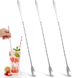 3PCS Bar Spoon, 12 Inch Stainless Steel Stirring Spoons for Drink, Long Spoon for Dirty Soda Bar Supplies, Professional Cocktail Spoons Coffee Bars Accessories - Silver