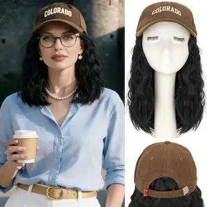 8inch Brown Hat Wigs Bob Wavy Hair With Baseball Cap Synthetic Short Wave Curly Hair Extensions For Women