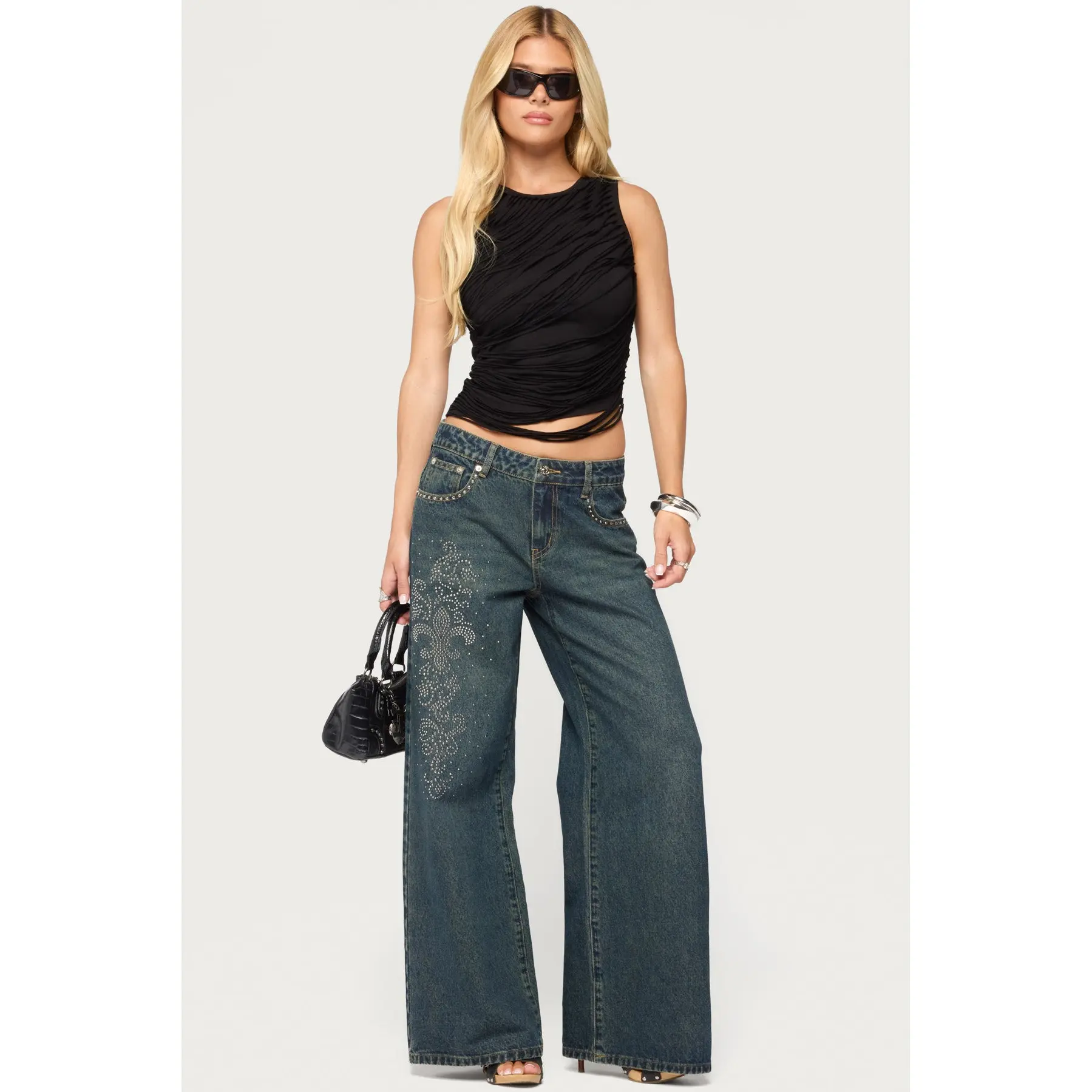Rhinestone Graphic Low Rise Baggy Jeans
