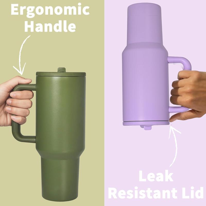 Solid Color 40 Oz Tumbler With Handle 2-In-1 Straw And Straw Lid Leak-Proof Dishwasher-Safe, Insulated Stainless Steel Travel Coffee Mug Long-Lasting Heat Retention, Suitable For Car Cup Holders, Office, Christmas Gifts