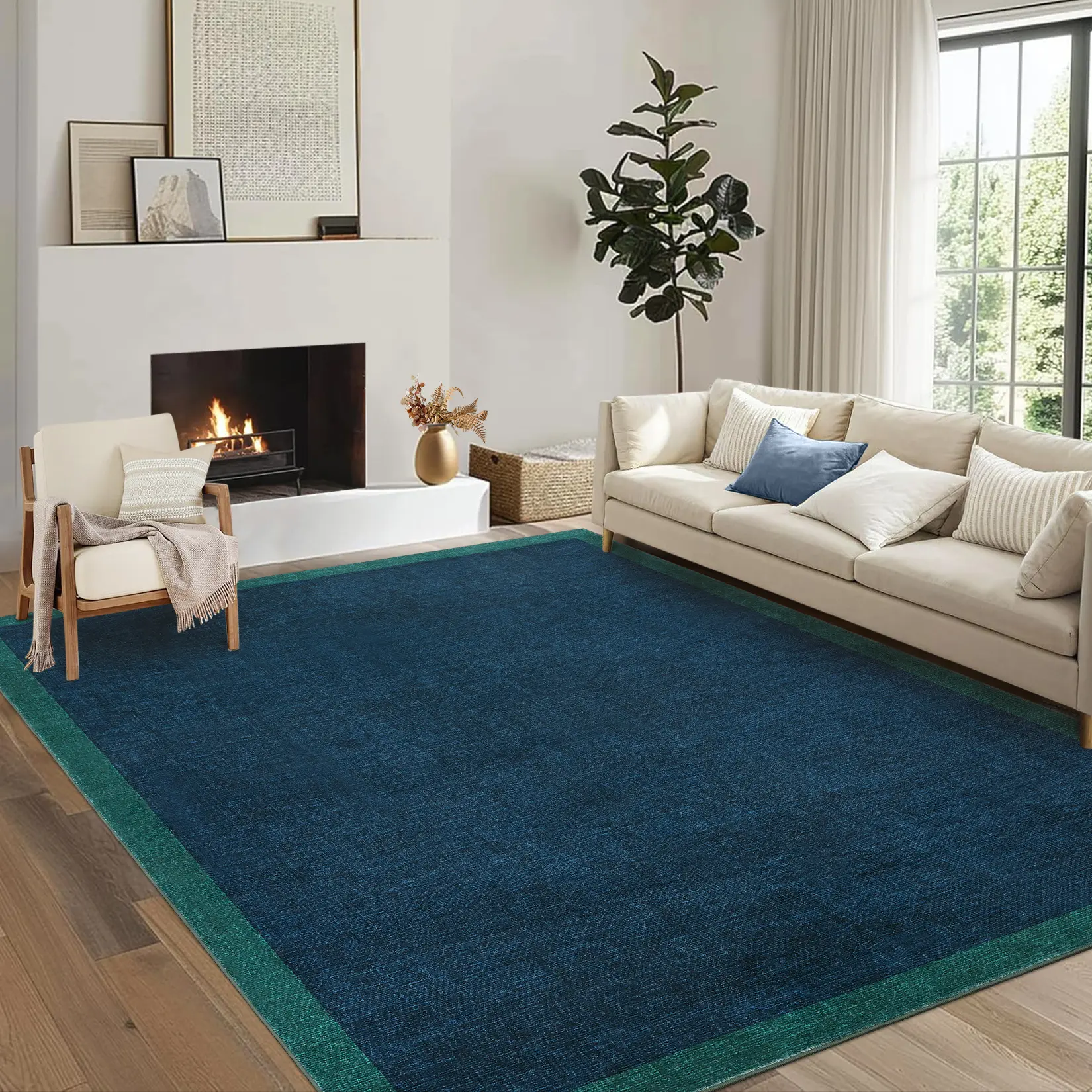 Modern Solid Color Carpet Soft Non-slip Washable Area Carpet with Printed Border Low-pile Foldable Decorative Carpet for Entryways Bedrooms Cafes Restaurants Game Rooms