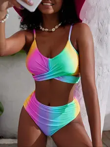 Women's Rainbow gradient  Fashion High Waist Spaghetti Strap 2 Piece Swimsuit Set summer Tankini Swimwear Set