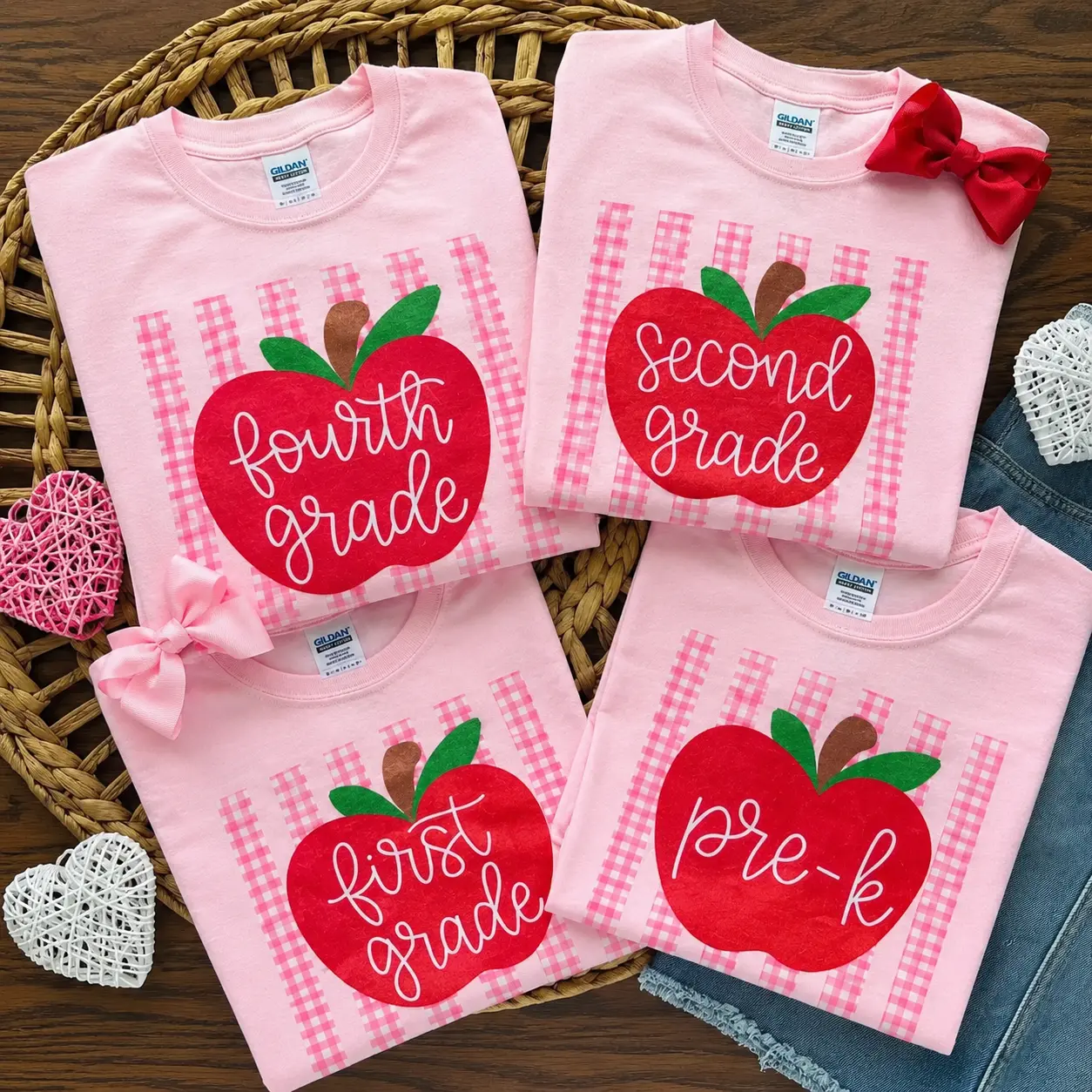 Pre-K First Second and Fourth Grade Apple Shirt, Pink Gingham Back to School T-Shirt, Cute Grade Level Student Tee, First Day of School Gift for Girls – DPCLICK