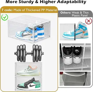 Thicken & Sturdy Clear Shoe Storage Organizer with Magnetic Door, Stackable Boxes for Closet, Foldable Space-Saving Shoe Rack for Sneaker Boot Container, Plastic Shoe Cabinet Shoe Box 6 Pack, White