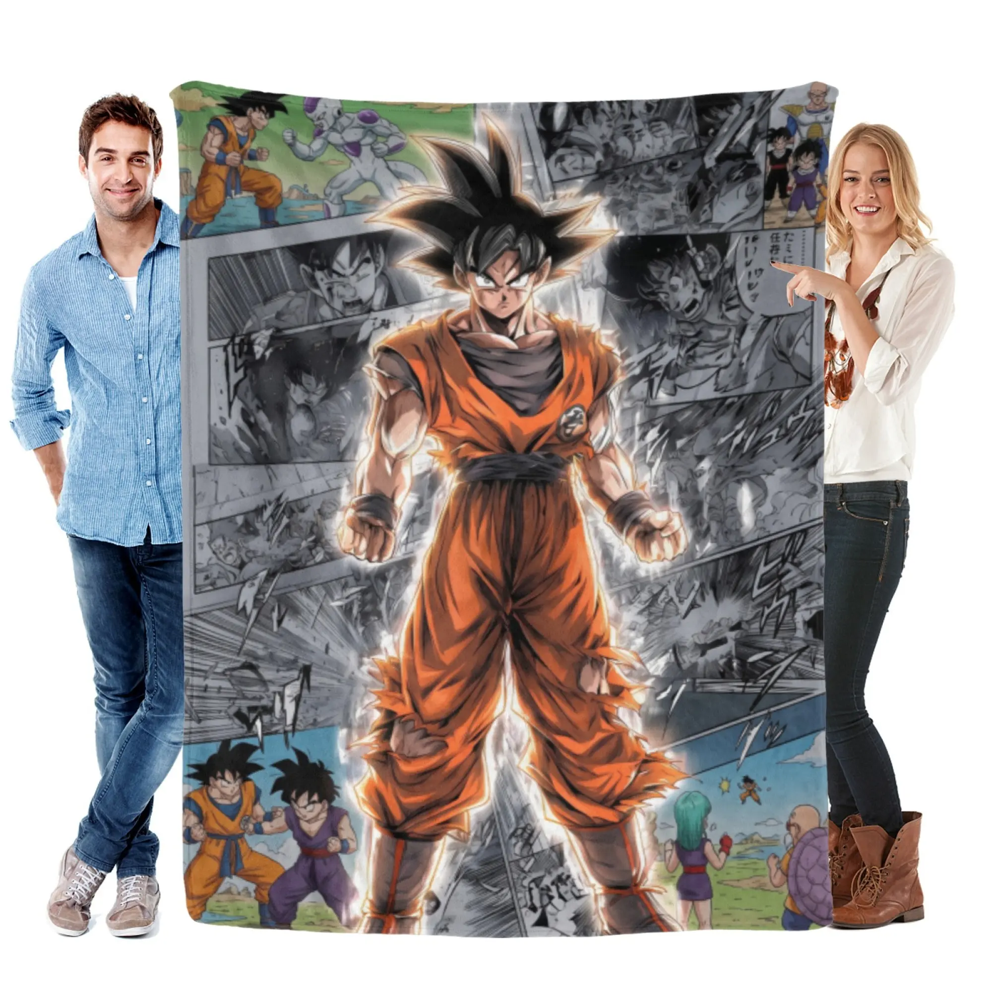 [SummerVibes] DRAGON BALL Z Goku Manga Collage Flannel Blanket, Vibrant 2D Anime Print Soft Cozy Throw for Home, Office & Travel