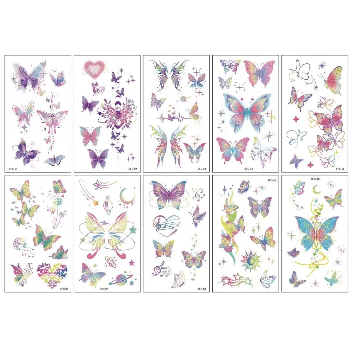 50-Pack Glitter Butterfly Temporary Tattoos: High-Quality, Realistic-Looking Colorful Face, Arm, and Collarbone Tattoos