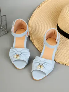 Girls' Bow Open-Toe Strappy Sandals, Summer 2026 New Arrival, bow decorated sandals, Block Heel, PU Upper, Rubber Sole, Elegant Style, Above Ankle Height